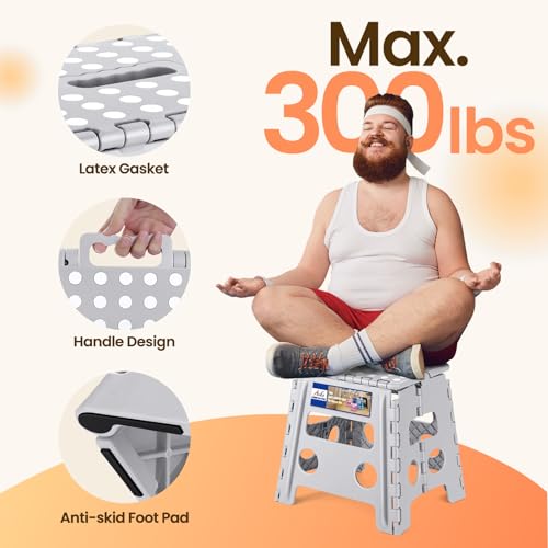ACKO 13 Inch Folding Step Stool, Non-Slip Surface for Adults and Kids, Gray | Collapsible Heavy Duty Foldable Stools, Portable Foot Stepping Stool Holds 300 lbs, Kitchen Bathroom Outdoor, with Handle - color: Gray, size: 13 Inch