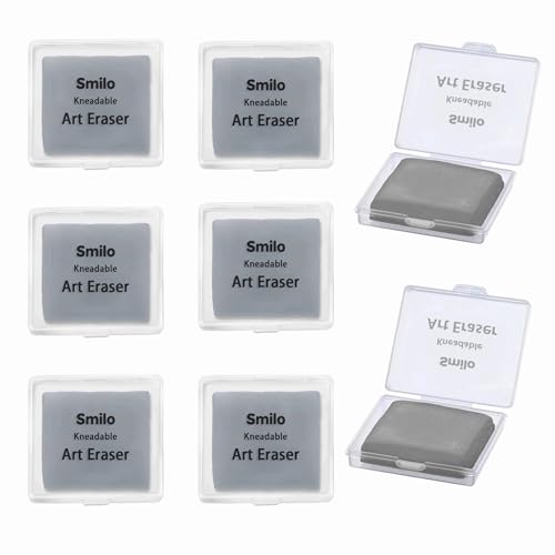 Smilo Kneaded Erasers for Artists, Gray Moldable Putty, 8-Pack | Reusable, Dust-Free and No Smudge, Art Erasers with Storage Case for Charcoal, Graphite, Pencil and Pastel Drawing - color: Gray