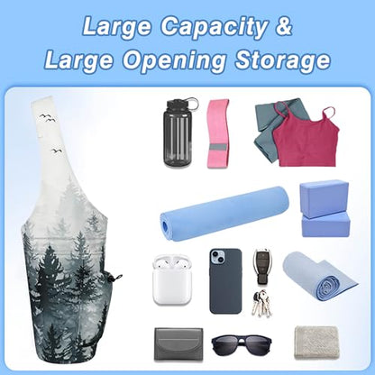Yoga Mat Bag - Large Opening Long Tote Yoga Mat Carrier Holder Bag with Waterproof Wet Zipper Pocket and Drawstring Water Bottle Pocket - Yoga Bag Fit Most Size Mats - color: Cloud Forest