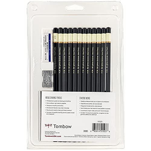Tombow 51523 MONO Drawing Pencil Set, Assorted Degrees, 12-Pack. Professional Quality Graphite Pencil Set with Eraser and Sharpener