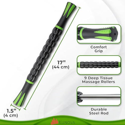 Kunova (TM) Muscle Roller Stick - Massage Tool for Releasing Myofascial Trigger Points, Reducing Muscle Soreness, Soothing Cramps and Relieving Muscle Pain