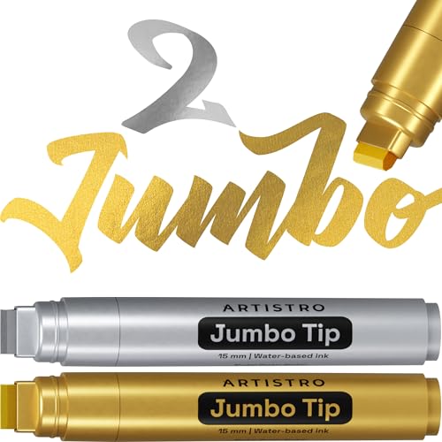 ARTISTRO Gold & Silver Acrylic Paint Markers - 15mm Jumbo-Tip - Set of 2 | Paint Pens, Perfect for Crafting, Art Projects, & More - color: Gold & Silver, style: Jumbo