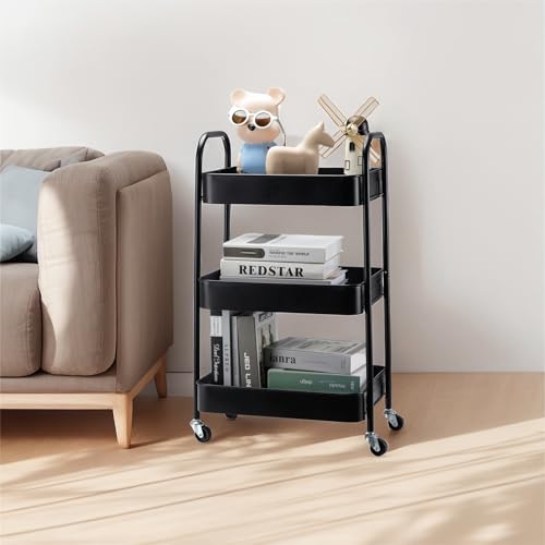 SETTFRFE 3-Tier Metal Rolling Storage Cart with Lockable Wheels,Black | Utility Cart for Kitchen Bathroom Dorm ,Movable Snack Cart & Art Cart for Esthetician Nail Lash Diaper,Tool-Free Assembly