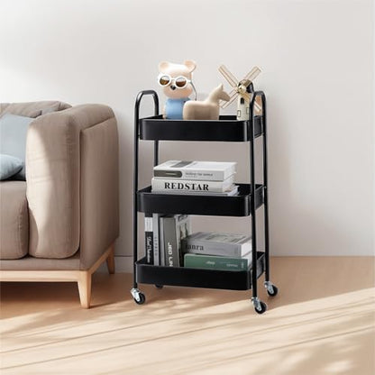 SETTFRFE 3-Tier Metal Rolling Storage Cart with Lockable Wheels,Black | Utility Cart for Kitchen Bathroom Dorm ,Movable Snack Cart & Art Cart for Esthetician Nail Lash Diaper,Tool-Free Assembly