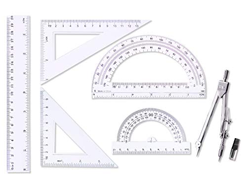 oxe Student Math Geometry Set,Drawing Compass 4 Inch and 6 Inch Clear Math Protractor Triangle Ruler 30/60 45/90 Degree and 8 Inch Ruler,Set of 6 Pcs