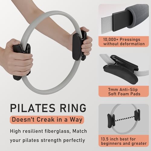 Pilates Ring Kit with Adjustable Ankle Wrist Weights, Resistance Bands, Ball, Pilates Equipment Ball for Home Workout to Tone, Sculpt and Strengthen, Fitness Magic Circle Rings for Yoga Women - color: Gray