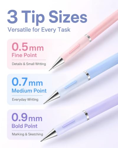 Four Candies 6-Pack Pastel Mechanical Pencil Set with Case, Three Sizes | 0.5/0.7/0.9mm, 360 Leads, 3 Erasers+9 Refills, Cute Pink/Purple/Blue Barrels, Non-Slip Grip, For Writing, Notes & Drawing - style: 0.5mm+0.7mm+0.9mm