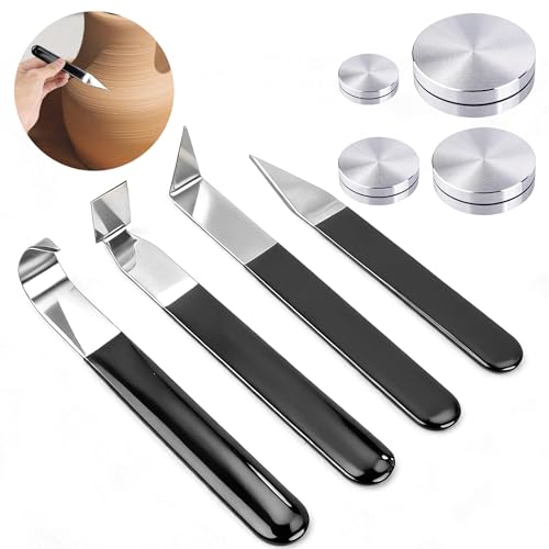 Supkirr 4 Pcs Metal Clay Carving Knife, Pottery Clay Sculpture Tools Set with 4 Throwing Trimming Spinner Tools, Stainless Pottery Trimming Knifes for Engraving, Styling Pottery, Shaping and Sculpture