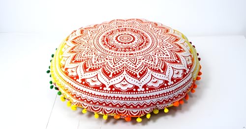 CRAFT KALA Boho Large Floor Pillow Pouf Cover Mandala Meditation Room Pillow Cover for Adults Round Bohemian Seating Pouf Cushion Cover for Kids Playroom 22" Yellow Orange Ombre - color: Yellow Orange, size: 22" x 22" (Pack of 1)