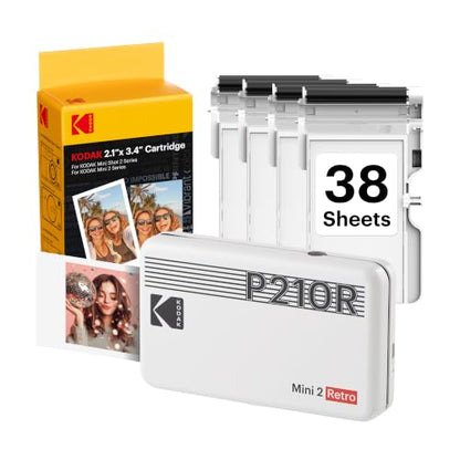 KODAK Mini 2 Retro 2x3 Portable Photo Printer, 4PASS, 38 Sheets, White | Bluetooth, iPhone & Android Smartphone Compatible, Smudge-Proof, Water-Resistant, Fade-Resistant - color: White, size: Printer + 38 Sheets