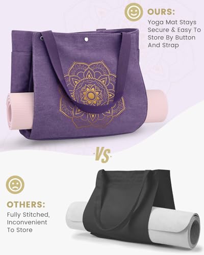 Gonex Yoga Mat Bag For Women Canvas Tote Pilates Gym Bag With Mat Carrier | Front-Opening Quick Access Mat Straps, Durable Cotton Canvas, Machine Washable, Bottle Holder Multi Pockets, Yoga Gym Travel - color: Purple, size: Large(17.7×6.1×15.3inch)