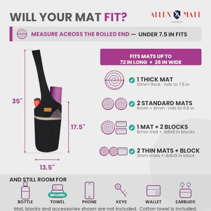ALLEN & MATE 100% Cotton Canvas Yoga Mat Bag, Fits Mats up to 72 In Long and 7.5 In Thick, Wide Shoulder Strap, Zip Pocket, Blue Stripe - color: Black
