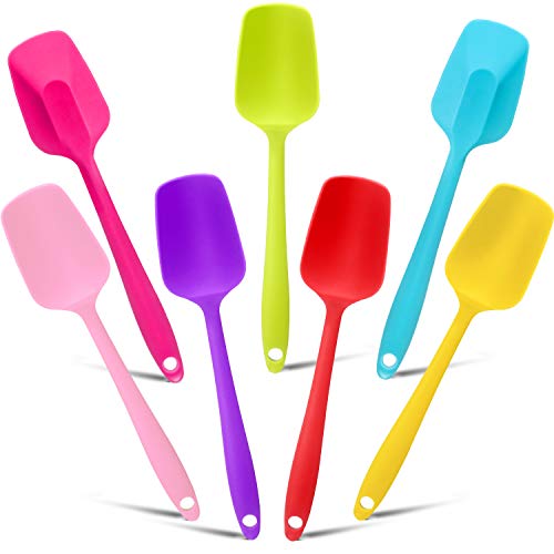 Patelai 7 Pcs Small Silicone Spoonula Spatula, 8.2 Inch Non Stick | One Piece Easy Clean, Flexible for Mixing Baking, Heat Resistant Rubber Spoon Nonstick Pans, Colorful with Hanging Holes