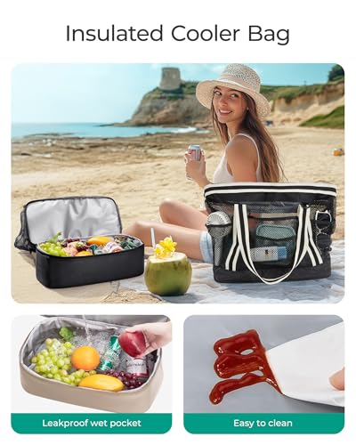 BAGSMART Beach Bag for Women, Mesh Tote Bags with Zipper, Sandproof Vacation Essentials with Cooler for Swim Cruise Pool - color: Purple
