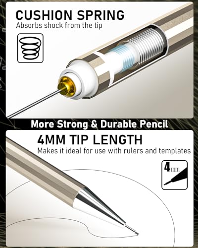 Nicpro 6PCS Metal Mechanical Pencil Set, Full Copper Drafting Pencil 0.3, 0.5, 0.7, 0.9 mm & 2PCS 2mm Graphite Lead Holder(4B 2B HB 2H) For Art Sketching Drawing With Lead Refills Eraser Case - color: Gold
