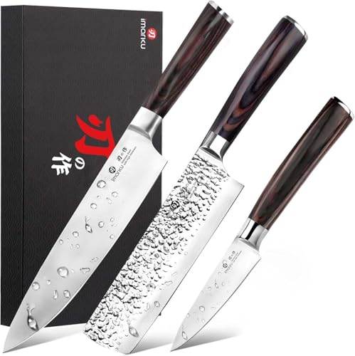 imarku 3 Pieces Knife set, Japanese HC Stainless Steel Kitchen Knife Set, Professional Chef Knife Set With Ergonomic Pakkawood Handle, Ultra Sharp Knives Set for Kitchen & Home Cooking, Best Gifts - color: Red-brown