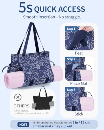sportsnew Yoga Mat Bag Waterproof Tote Gym Bag Mat Carrier W/Wet Pocket - color: Navy Blue Leaves
