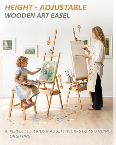 Painting Art Easel with Storage, 57"-72" Height Adjustable Easel Stand | Foldable beech wood easel with drawer trays,H-frame artist easel stand for painting,Wooden floor easel holds canvas up to 36" - color: Natural Wood
