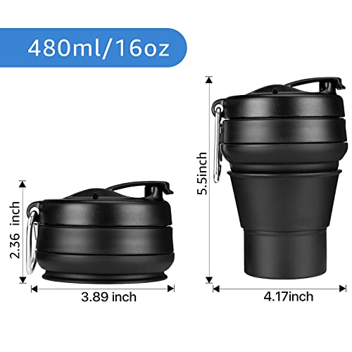2PACK Collapsible Coffee Cup, 16 OZ 480ml Silicone Folding Camping Mug, Leak Proof BPA Free Portable Sport Bottle with Lids for hiking, Microwave & Dishwasher Safe (Black) - size: 2 x 16 Ounces