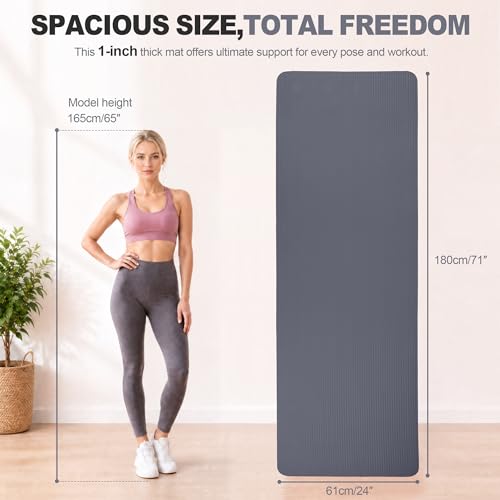HULKFIT High Density Non Slip Yoga Mat, Extra Thick Exercise Mat with Carrying Strap, for Pilates, Fitness, Home Gym & Floor Workouts - Multiple Thickness & Multiple Color - color: Graphite, size: 71"L x 24"W x 1"Th