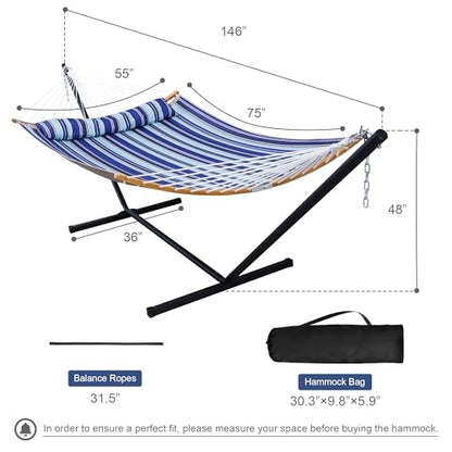Patio Hammock with 12FT Stand, Heavy Duty Hammock Blue Stripes | Freestanding Hammock with Curved Spreader Bars, Pillow, Safety Ropes and Portable Carring Bag, Outdoor Hammock, Max 450 Lbs - color: A-blue Stripes