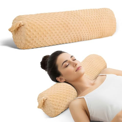 Memory Foam Cylinder Neck Pillow with Plush Removable Cover - color: Khaki