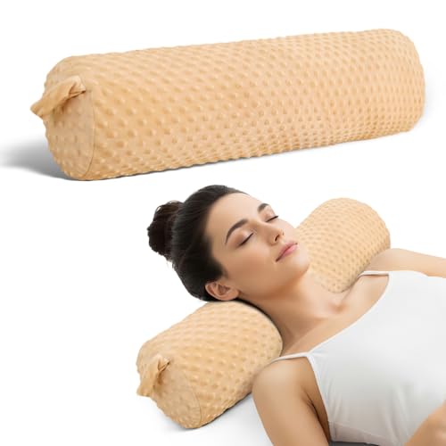 Memory Foam Cylinder Neck Pillow with Plush Removable Cover - color: Khaki