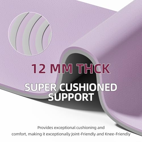 Extra Thick 12mm TPE Exercise Yoga Mat with Strap, 72"L x 24.8"W Non-slip Workout Mat for gymnastics, Pilates, Home, Workout, Gym Floor Fitness - color: Purple + Grey