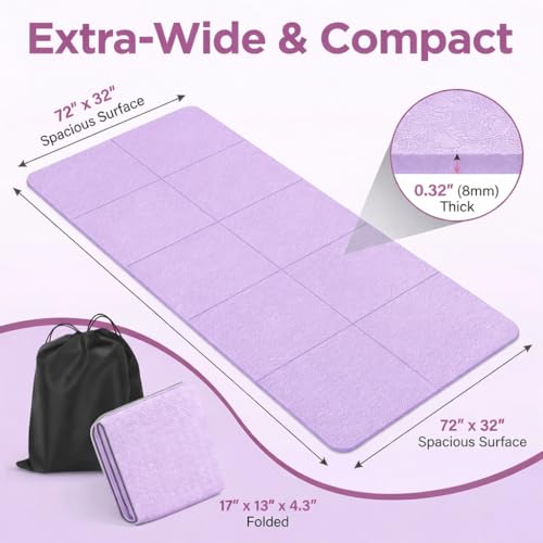 Foldable Travel Yoga Mat, 72"x32"x0.32" Extra Wide 8mm Thick Non-Slip Exercise Mat for Yoga, Pilates & Fitness-Purple