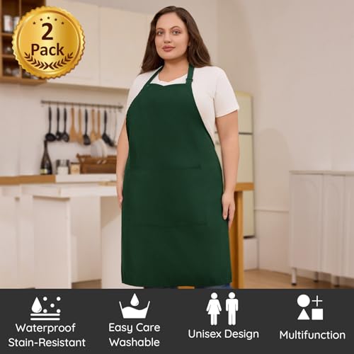 2 Pack Plus Size Waterproof Cooking Chef Apron with 2 Pockets for Men Women | Extra Large Design, Adjustable Neck Straps, Long Waist Ties, Professional Bib Aprons for Kitchen, Grilling, Gardening, Baking - color: Green