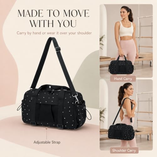 Small Mini Gym Bag for Women, Compact Duffle Overnight Bag - color: Black with Dot