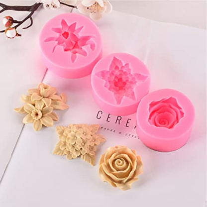 3 Pack Silicone Mold - 3D Flower Shapes: Rose, Peony & Round for Resin Candle & Soap Making - color: xq-flower-3-pack