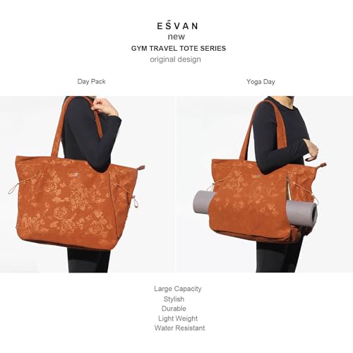 ESVAN Corduroy Yoga Tote Bag Gifts for Women Drawstring Yoga Mat Bag for Office Workout Travel Carryall Pilates Gym - color: Brown Rose