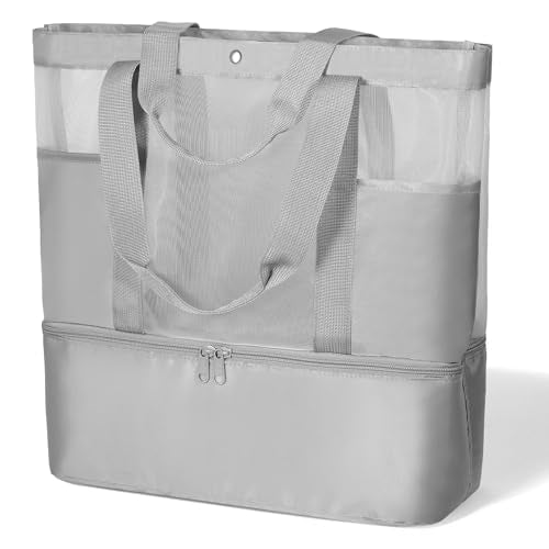 Mesh Tote Beach Bag with Leakproof Wet Compartment - color: Grey