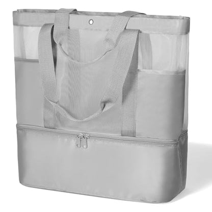 Mesh Tote Beach Bag with Leakproof Wet Compartment - color: Grey