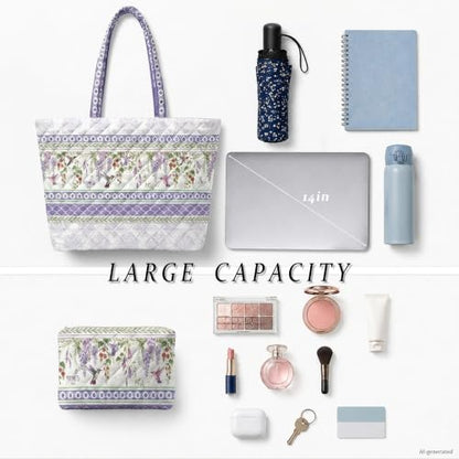 Quilted Tote Bag 2 Pack, Women's Tote Handbags for Work Travel - color: Soft Lavender Purple