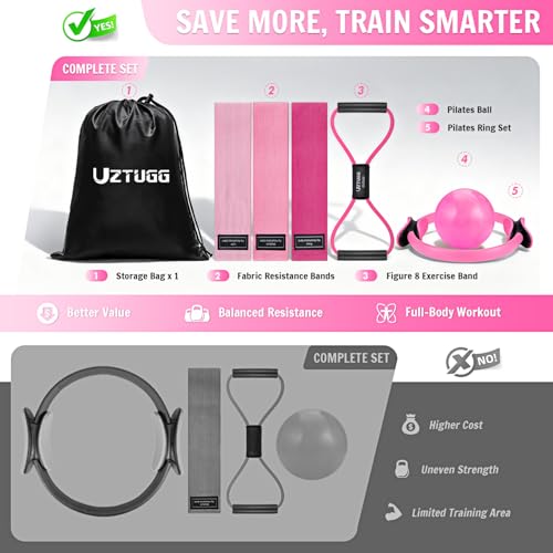 UZTUGG Pilates Equipment Kit at Home for Women, 4-in-1 Workout Essential Set with Pilates Ring, Fabric Resistance Bands, Figure 8 Resistance Band, Pilates Ball–Full Body Toning, Yoga & Stretching - color: pink pilates kit