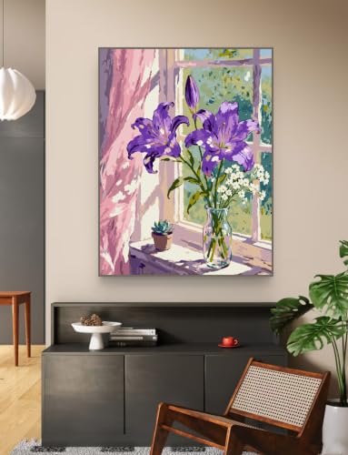 ZRIZQ Paint by Numbers Kit for Adults Beginner,Purple Flowers,16x20 | Full set with wooden brushes,rolled canvas,rich paints.Calming activity.Beginner friendly.Just open and paint. - color: 16"X20"Rolled Canvas-Purple Flowers