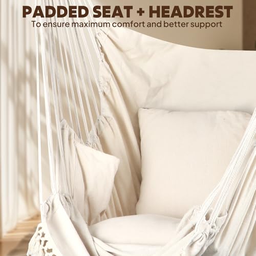 Chihee Hammock Chair Foot Rest 2 Cushions Max 485 lbs Metal Spreader Bar | Robust Hanging Chair Soft Cotton Blended Swing Collapsible Easy Storage Strong Strap Iron Carabiner Pocket Indoor Outdoor - color: Creamy White