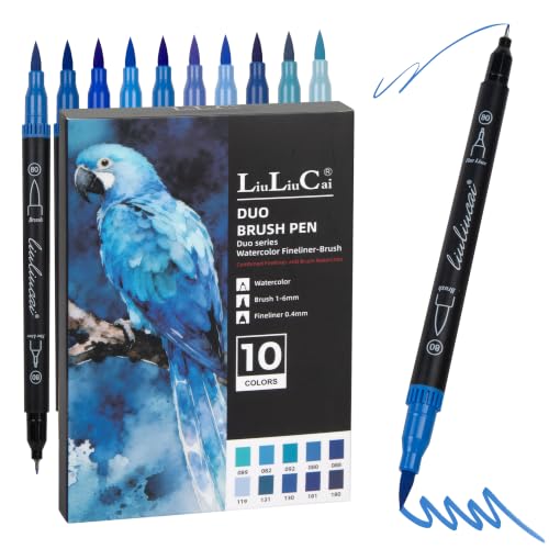 LIULIUCAI 10 Blue Dual Markers, Fine & Brush Tip Pen for Adult Coloring | Ocean Blue Markers, Coloring Pens for Sky Sea, Water Effects, Calming Art, Outlining Journaling Calligraphy Illustration - color: 10 Blue