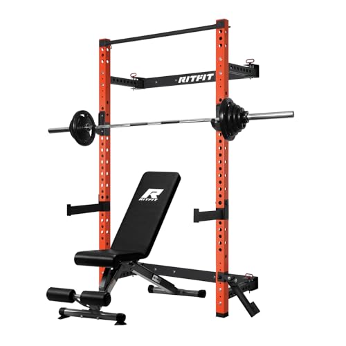 RitFit 2.36'' x 2.36'' Folding Squat Rack for Home Gym, Wall Mounted Squat Rack with Attachments - Space Saving Squat Power Rack - color: Orange, style: Folding Squat Rack with RP85LBS