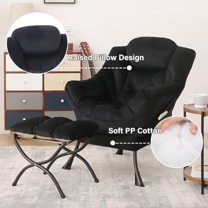 Tiita Lazy Chair with Ottoman, Comfy Reading Accent Chair, Velvet Black | Foldable Footrest, Padded Seat and Backrest, Side Pocket for Lounging in Living Rooms, Bedrooms, Dorms and Small Spaces - color: Black