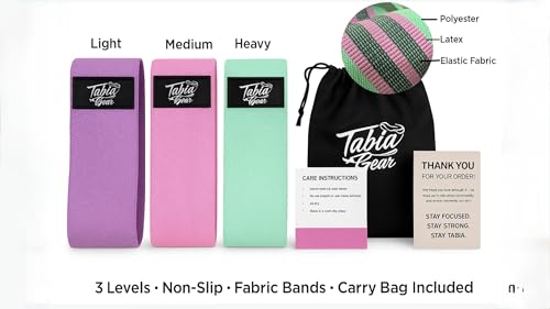 Fabric Resistance Bands Set – Booty Bands for Women & Men – Non-Slip Glute Workout Bands – Exercise Loop Bands for Legs, Yoga, Pilates & Home Gym – 3 Levels with Carry Bag | Tabia Gear
