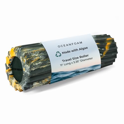Oceanfoam Ripple Travel Foam Roller (11" x 3.35") Firm Mini Foam Roller for Physical Therapy, Deep Tissue Massage, Back Pain - High Density, Wave Textured - Yoga (Hunter, Gold & Natural Marbled) - color: Hunter, Gold & Natural Marbled