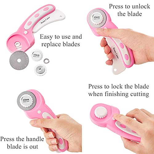 Rotary Cutter Set - 45mm Fabric Cutter, 5 Replacement Rotary Blades, A3 Cutting Mat, Quilting Ruler and Sewing Clips, Craft Knife Set, Ideal for Crafting, Sewing, Patchworking, Pink - color: Pink, size: A3 Rotary Cutter Set