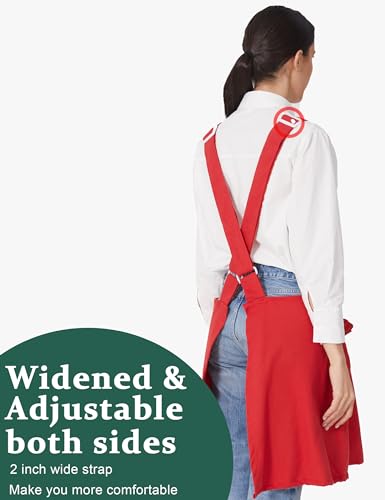 Cozy Adjustable Cross Back Aprons for Women with Pockets Cotton Linen Cooking Kitchen Baking - color: Red