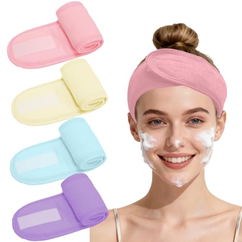 4 Pack Adjustable Makeup Headbands – Non-Slip Spa Facial Headband & Facial Hair Wrap, Adjustable Washable Towel for Shower, Yoga, Gym, Salon & Home Use (Fits All), HZFD-BB - color: Light Blue + Light Pink + Beige + Light Purple
