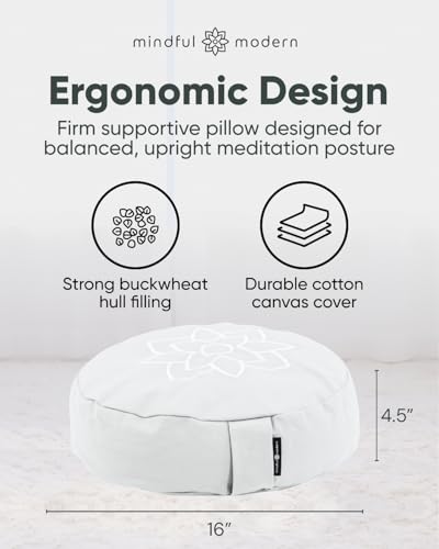 Mindful & Modern Large Meditation Cushion for Zafu Yoga - Meditation Pillow for Sitting on the Floor - Buckwheat Hull Filled Yoga Cushion with Removable, Washable 100% Cotton Cover and Carry Handle - color: Round - White
