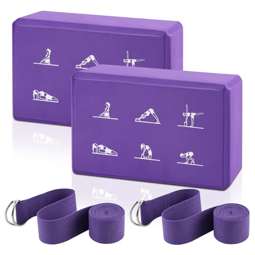 2 Yoga Block and 2 Yoga Strap Set,Non-slip EVA Foam Blocks, High Density Yoga Bricks with 6ft Strap, Supportive Latex-Free Yoga Block Accessories for Pilates - color: Purple