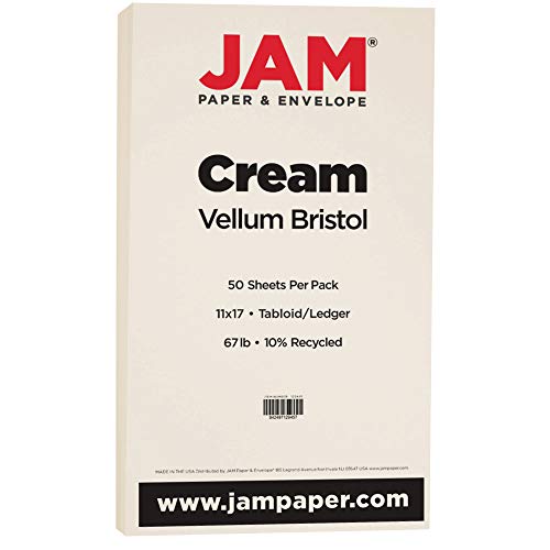 JAM PAPER Vellum Bristol 65lb Cardstock - 11 x 17 Ledger Size Coverstock - 147 gsm - Creme - 50 Tabloid Sheets/Pack - color: Cream, size: 11" x 17"